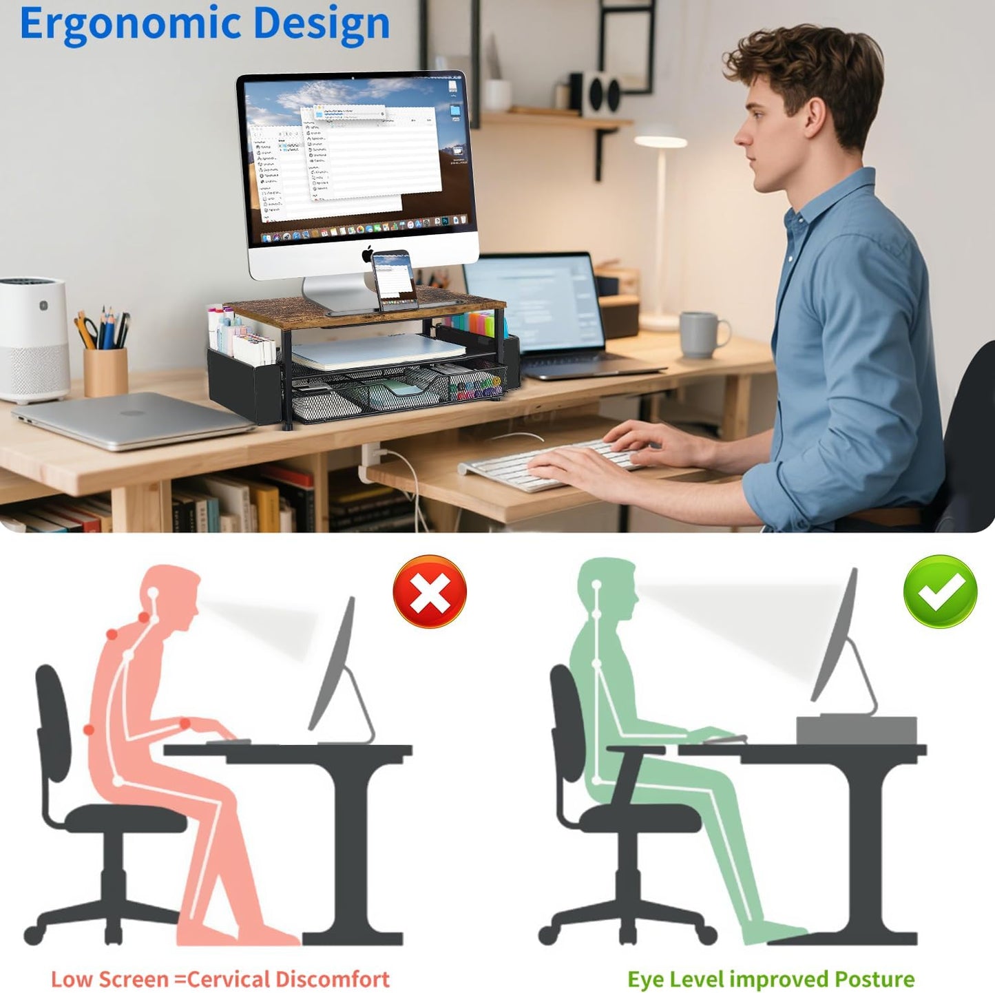 Wood Desk Organizers and Accessories, 2-Tier Computer Monitor Stand Riser with Drawer, Pen Storage & Phone Holder, Office Desk Accessories, Workspace Desktop Organization for Office Supplies（Brown）