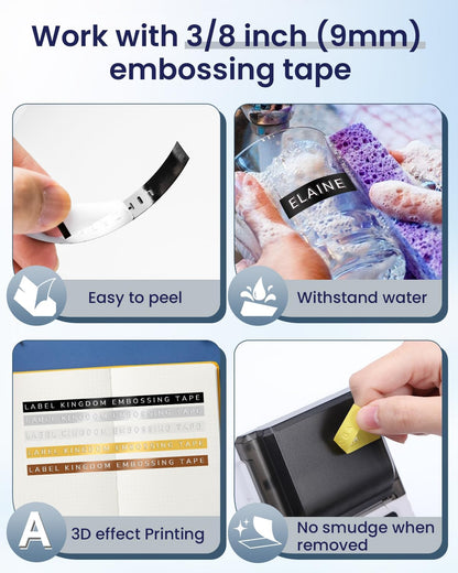 Label KINGDOM Embossing Label Maker, Old School Labeler for Home School Office,A Protable Handheld Retro Label Maker with 10 Rolls 3D Embossing Label for Home Office DIY, Black