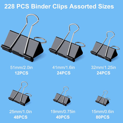 228 PCS Binder Clips Paper Clamps Assorted Sizes,Extra Large Medium Small Mini and Micro,Black Metal Paper Binder Clip 6 Sizes for Office, Home and School