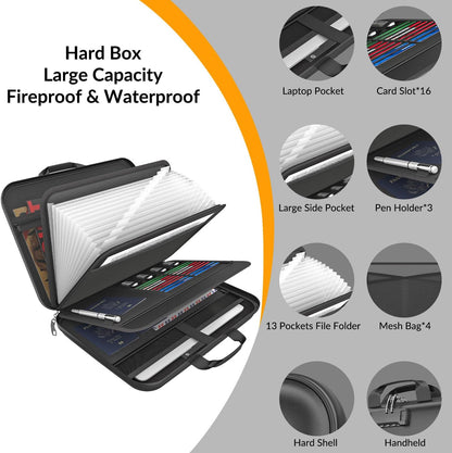 Hard Case Fireproof Document Box, Important File Organizer with Lock Waterproof Zipper, Portable Home Office Travel Storage Accordion Folder for Letter A4 Laptop Files