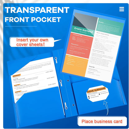 Henoyso 72 Pcs Plastic Folder with Clear Front Pocket and 3 Prong Plastic Folders with Card Slot Pocket Folders with Prongs for School Office (Blue)