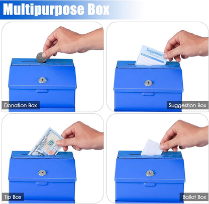 KYODOLED Suggestion Box with Lock, Metal Wall Mounted Donation and Ballot Drop Box with Slot & 2 Keys, 50 Free Suggestion Cards, 8H x 5.7W x 7L Inch, Blue