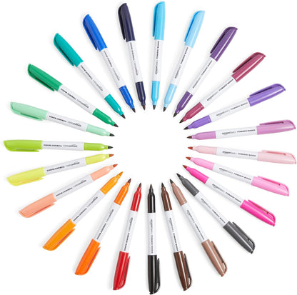 Amazon Basics Fine Tip Point Permanent Markers for Office, School, and Home Use, Assorted Colors, 24 Pack