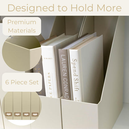 BLU MONACO Set of 6 Foldable Magazine File Holders in Beige Linen – Sturdy Cardboard Vertical Organizers with Label Holders – Stylish Storage Solution for Magazines, Files, and Office Supplies