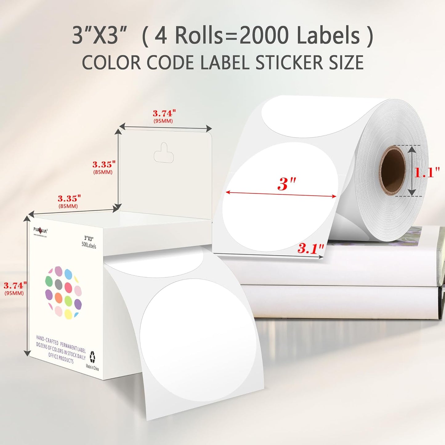 PARLAIM 3" Diameter Round White Color Coding Sticker, 4 Rolls 2000PCS Circle Dot Label,Permanent for Inventory Box Labeling