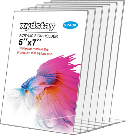 6pack Acrylic Sign Holder 5x7 for Picture Frames, L Shape Clear Plastic, Plastic Sign Holder,Menu Holder, Unbreakable Table Sign Holder for Restaurant, Office, School, Store and Home Use