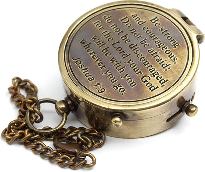 Be Strong and Courageous Compass – Antique Nautical Magnetic Compass with Engraved Scripture Quote – Baptism Gift with Wooden Box for Son, Father, Husband, Loved One