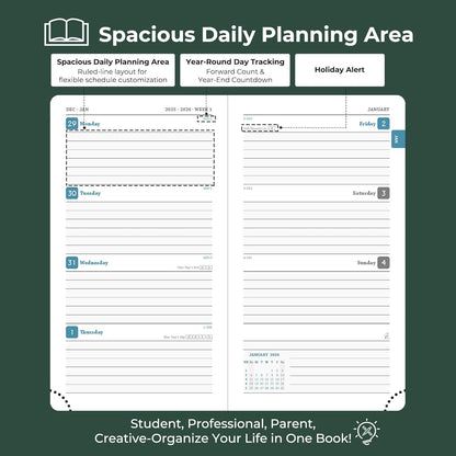 Weekly Monthly 2026 Planner (Jan.26-Dec.26),6.5"x3.75",12 Months Agenda Plan with Month Tabs & Pocket,Expenses/Note Pages, Appointment Book Calendar with Hardcover Vegan Leather Cover,Green