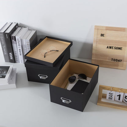 Soul & Lane Black Decorative Cardboard Storage Boxes with Lids, Set of 2 Stacking Keepsake Photo and Memory Boxes for Home & Office, Elegant Paperboard Organizers with Label Holders and Drawer Pulls
