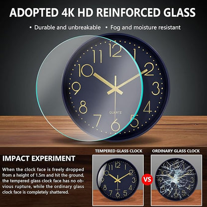 Silent Wall Clocks Battery Operated 8 Inch, Analog Wall Clock with Large Number Tempered Glass Clock Face, Navy Blue Quartz Non Ticking Wall Clocks for Living Room Bedroom Kitchen Office