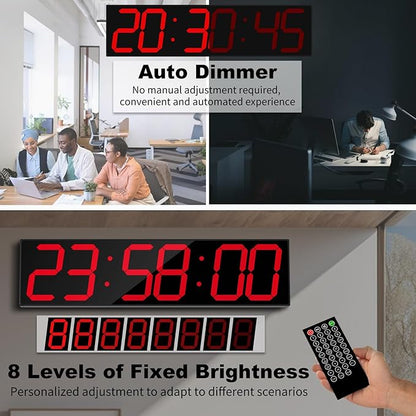 28.4''Large Digital Wall Clock,Automic Digital Clock with Alarm,Clendar and Termperature,Auto Time Sync with Easy Operation, Big Timer with Countdown and Countup (Red)
