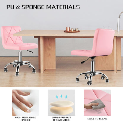 COSVALVE Armless Desk Chair, Mid Back Swivel Office Chair, Adjustable Task Chair with Rolling Wheels and Diamond Pattern, for Home Computer Barber, Pink