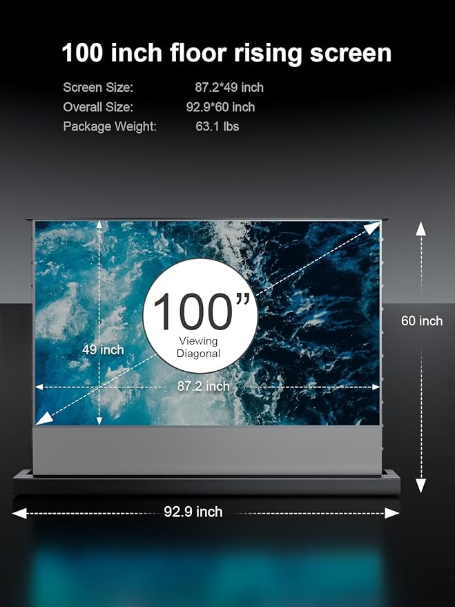 AWOL VISION 100" Motorized Rising Matte White Projector Screen for Long Short Ultra Short Throw Projector, Floor Stand Indoor Outdoor Theater Screen, 170°+ Viewable 4K/8K Ultra HD MW-F210