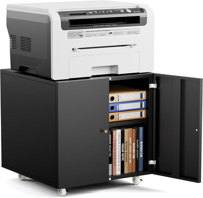 Warmiehomy Metal Printer Stand, 24x24x24'' Printer Cabinet with Storage, Mobile Printer Table with Wheels, Desk for Small Spaces with Door, Adjustable Metal File Cabinet for Home Office (Black)