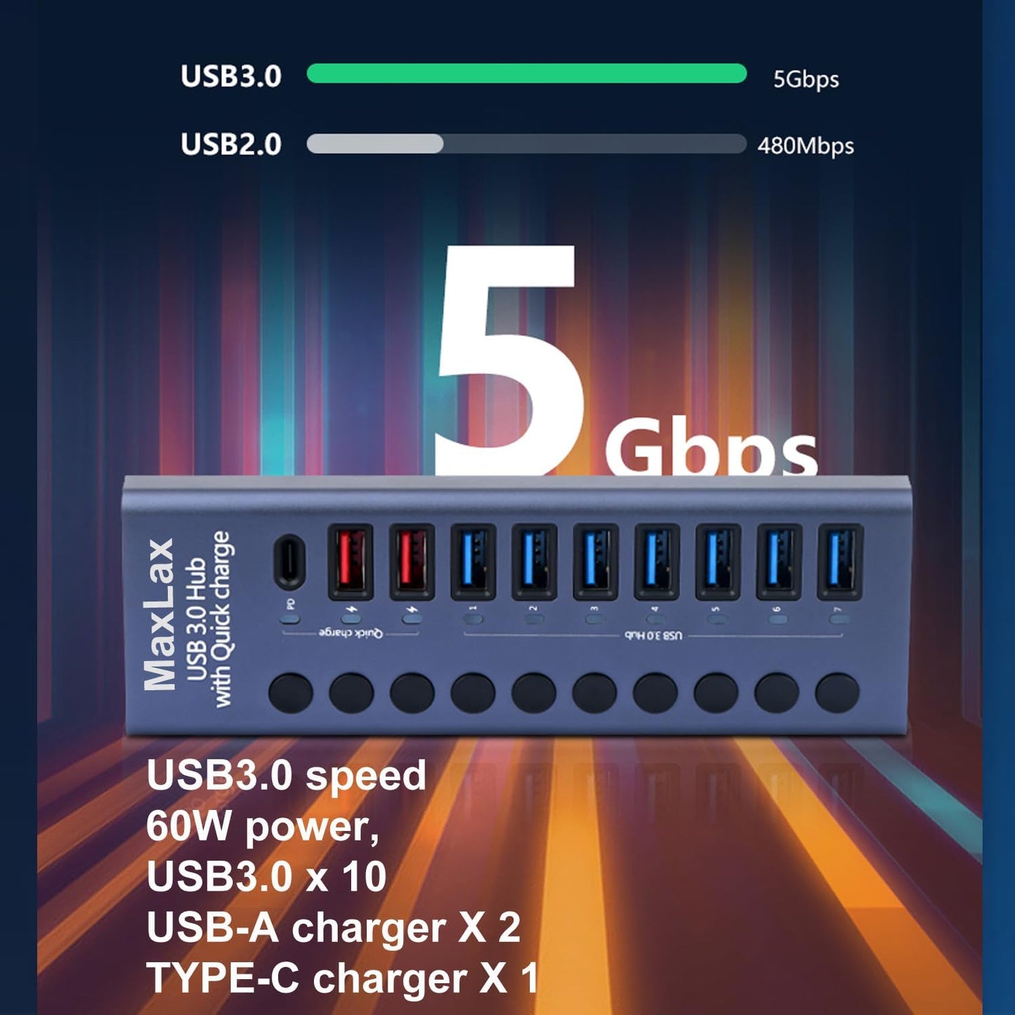 MaxLax Aluminum USB 3.0 hub with Charging Function, Power Adapter,Individual Power swiches (Silver Gray-10 Ports)