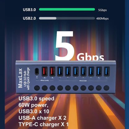 MaxLax Aluminum USB 3.0 hub with Charging Function, Power Adapter,Individual Power swiches (Silver Gray-10 Ports)