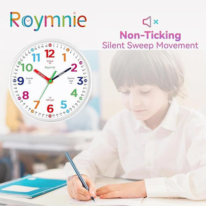 Wall Clock 10 Inch for Kids Learning Kids Teaching Clock Analog Silent Battery Operated Colorful Teaching Time Clock Decorative for Kids Room Kitchen School (White Grain)