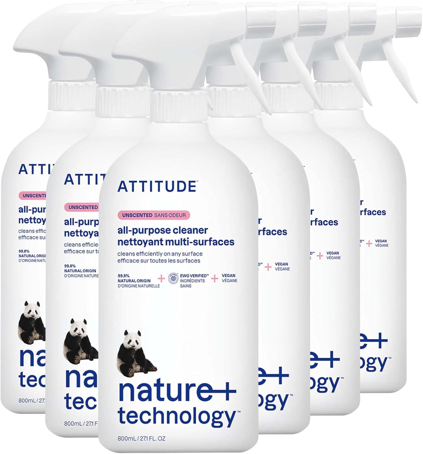 ATTITUDE All Purpose Cleaner Spray, EWG Verified, Vegan, Made with 94% Plant-Based Ingredients, Streak-Free for Kitchen, Bathroom, Glass & More, Unscented, 27.1 Fl Oz (Pack of 6)