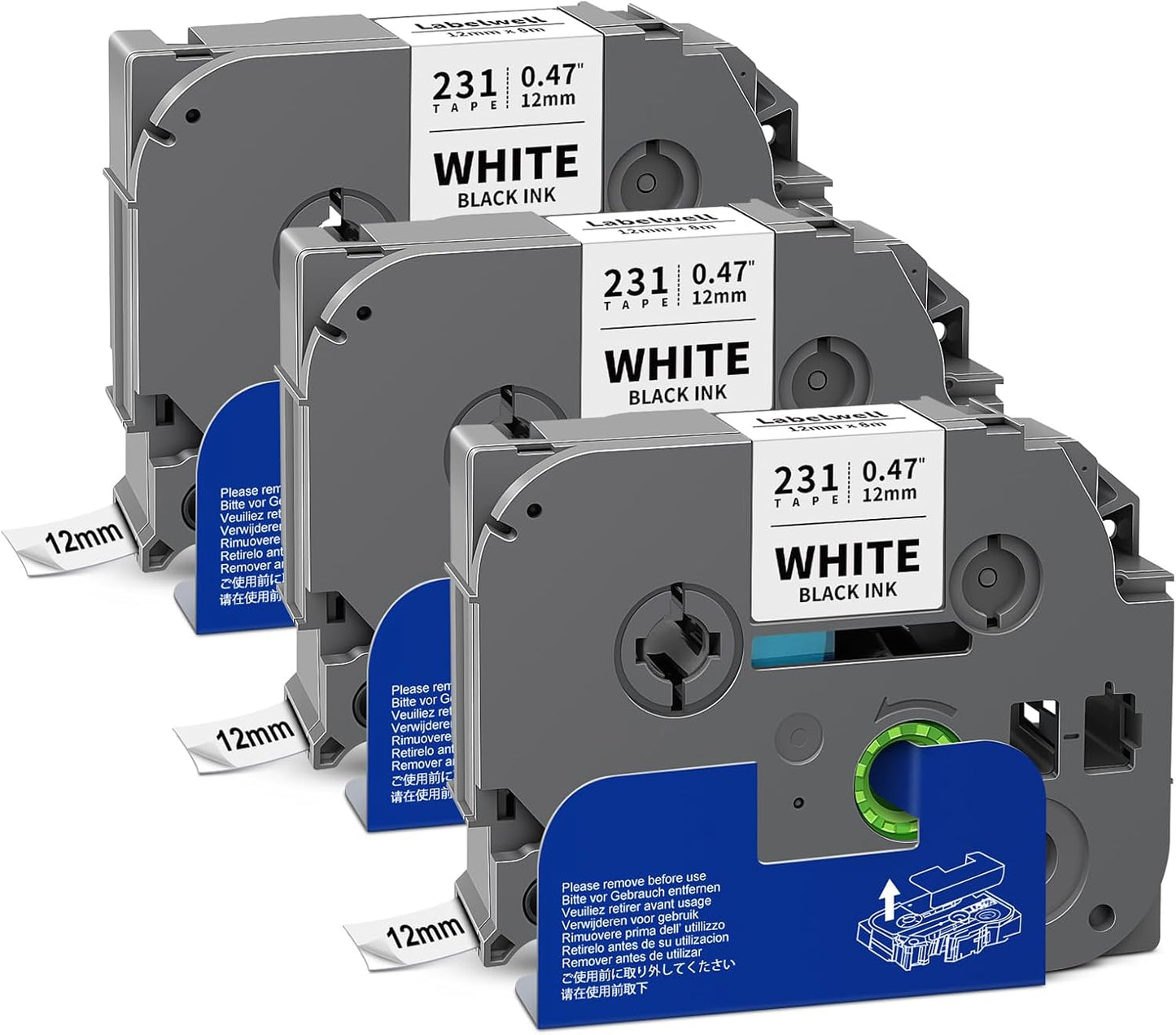 3-Pack TZe-231 TZ Tape 12mm 0.47 Laminated White Compatible with P Touch Label Maker Tape TZe-231 TZ-231 TZe231 Black on White Use with Ptouch PT-D220 D210 H110 D400 D600, 1/2 Inch x 26.3 ft