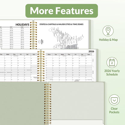 SUNEE 2026 Weekly and Monthly Planner - from January 2026 - December 2026, 8.5"x11" Daily Agenda Planner with Monthly Tab, Flexible Cover, Note Pages, Pockets, Bookmark, Spiral Binding, Sage Green