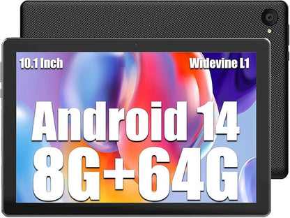 Tablet 10 Inch, Android 14 Tablet PC, 8GB RAM+64GB ROM (1TB TF), Octa-Core 2.0 GHz, WiFi 6, Bluetooth 5.0, Widevine L1, 5MP+8MP, 5000mAh,Type-C, Black