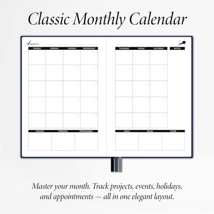 Undated Day Planner & Calendar – 6-Month Life Organizer for Productivity, Time-Management & Focus | 24-Hour Hourly Agenda for Men & Women, Vegan Leather Hardcover (Blue)