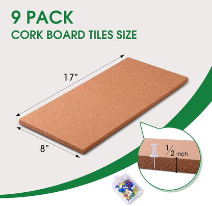 9 Pack Cork Bulletin Board 17"x8" - 1/2" Thick Cork Board Tiles,Self-Adhesive Frameless Cork Tiles Wall Decor with 50 PCS Pushpins for DIY, Office, School and Home Decor