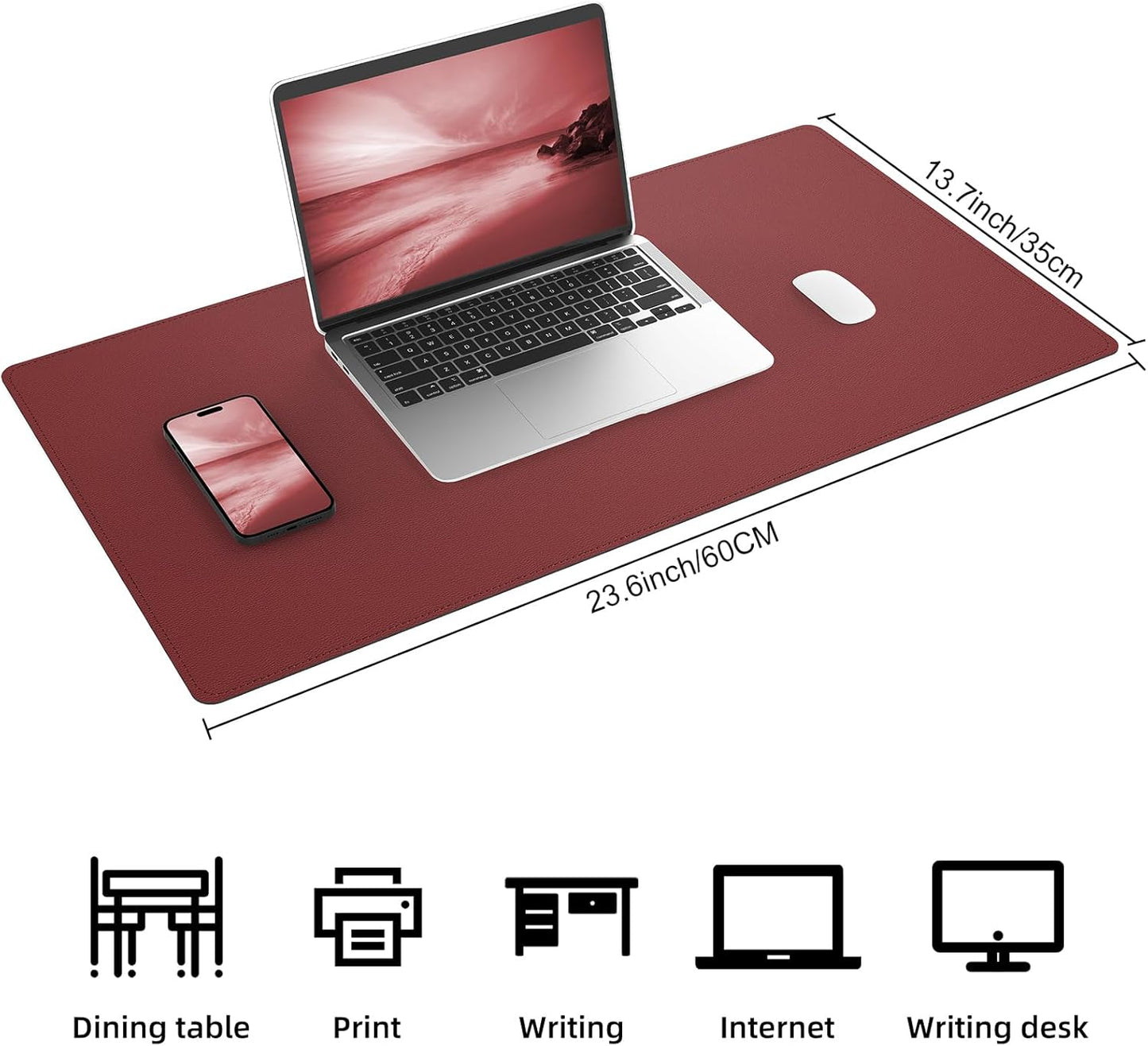 AFIING Leather Desk pad Protector, Large Desk mat with Natural Cork & PU Leather,Mouse pad,Non-Slip Office Desk Mat,Waterproof Desk Writing Pad for Office and Home (23.6in*13in, Red)