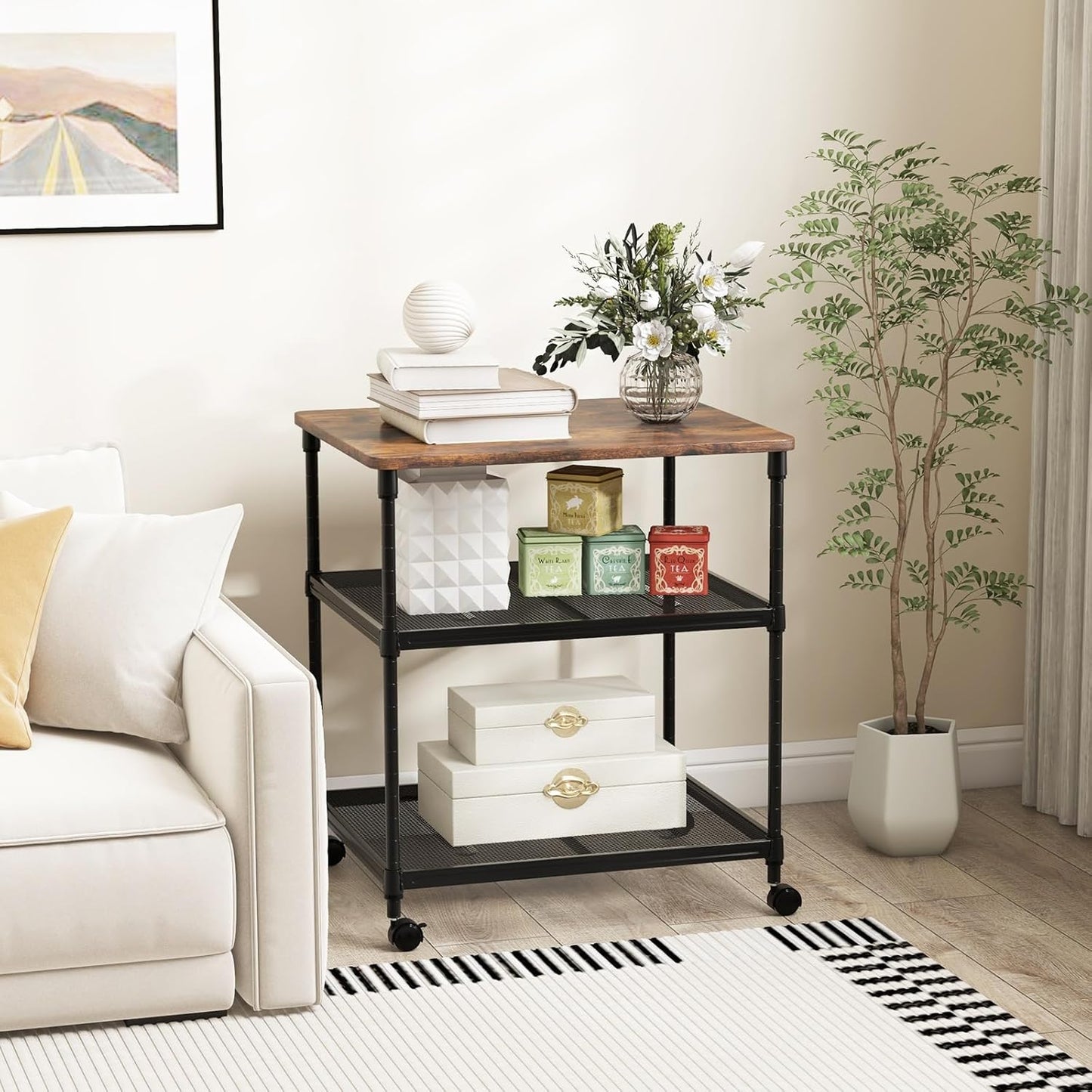 Tangkula 3-Tier Printer Stand, Multifunctional Utility Cart with Ample Storage Space, Rolling & Lockable Wheels, Sturdy Metal Frame, Adjustable Heights, Printer Cart (Rustic Brown)
