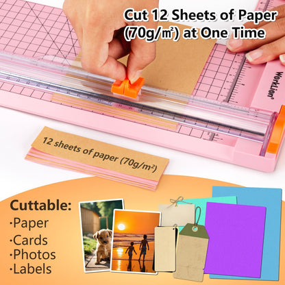 WORKLION Straight Paper Cutter For crafting – Pink 12 Inch Paper Trimmer With Security Safeguard and Side Ruler, Perfect for Cardstock, Coupon,Photos and Crafting Paper.