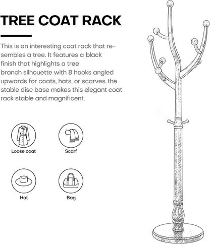 Coat Rack Freestanding Coat Tree with Sturdy Round Base, Unique Coat Hanger Stand, Heavy Duty Standing Coat Rack Clothes Stand for Winter Jacket, Hat, Entryway/Hallway/Bedroom, Black