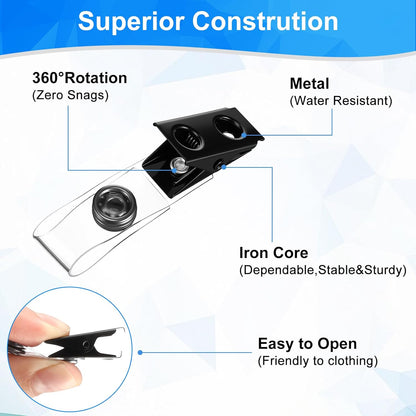 Marspark 200 Pack Metal Badge Clips with Clear PVC Straps Double Hole ID Badge Clips for Name Tag ID Cards and Holders, Office Supplies (Black)