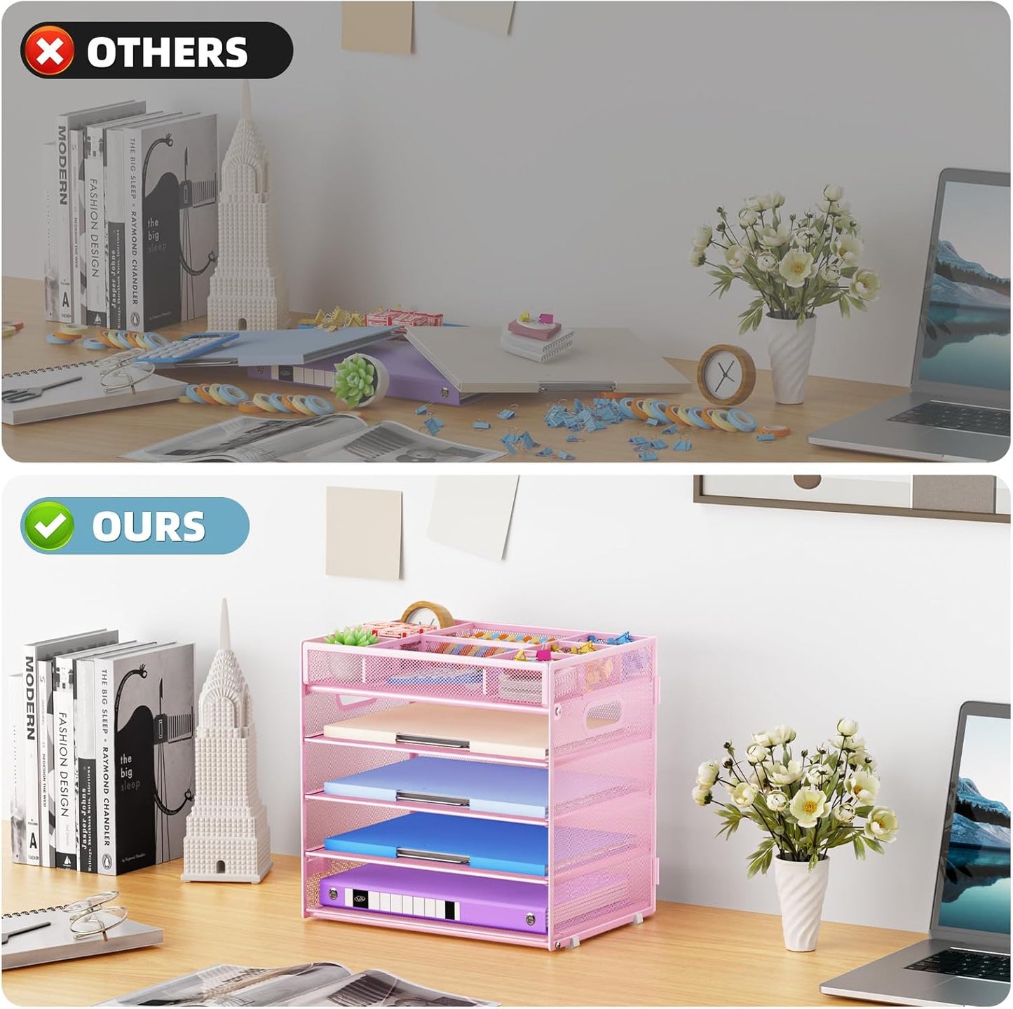 Marbrasse 5-Tier Letter Tray Paper Organizer with Handle, Multi-Functional Mesh File Organizer for Desk, Adjustable Compartments Mesh Desktop Storage for Office Supplies, Pink