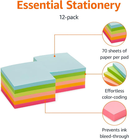 Amazon Basics Sticky Notes, 3x3 Inches, Assorted Colors Self-Stick Pads, Easy to Post for Home, Office, Notebook, 70 sheets/Pad, Pack of 12