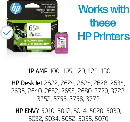 HP 65XL Tri-color High-yield Ink Cartridge for HP Printers | Works with Printer Series: AMP 100, DeskJet 2600, 3700; ENVY 5000 | Eligible for Instant Ink | N9K03AN