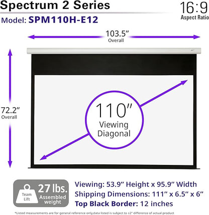 Elite Screens Spectrum2, 110-inch 16:9, 12-inch Drop, Electric Motorized Drop Down Projection Projector Screen, SPM110H-E12, MaxWhite FG / White Housing