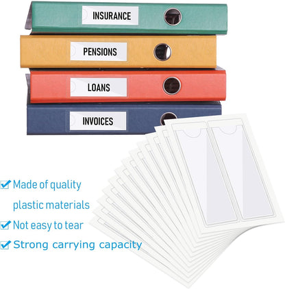 Chinco 50 Pack Clear Adhesive Pockets, Labels for Storage Bins, Plastic Self Adhesive Index Card Holder with Top Open for Organizing Bins Box Drawer(1.2 x 3.35 Inches)