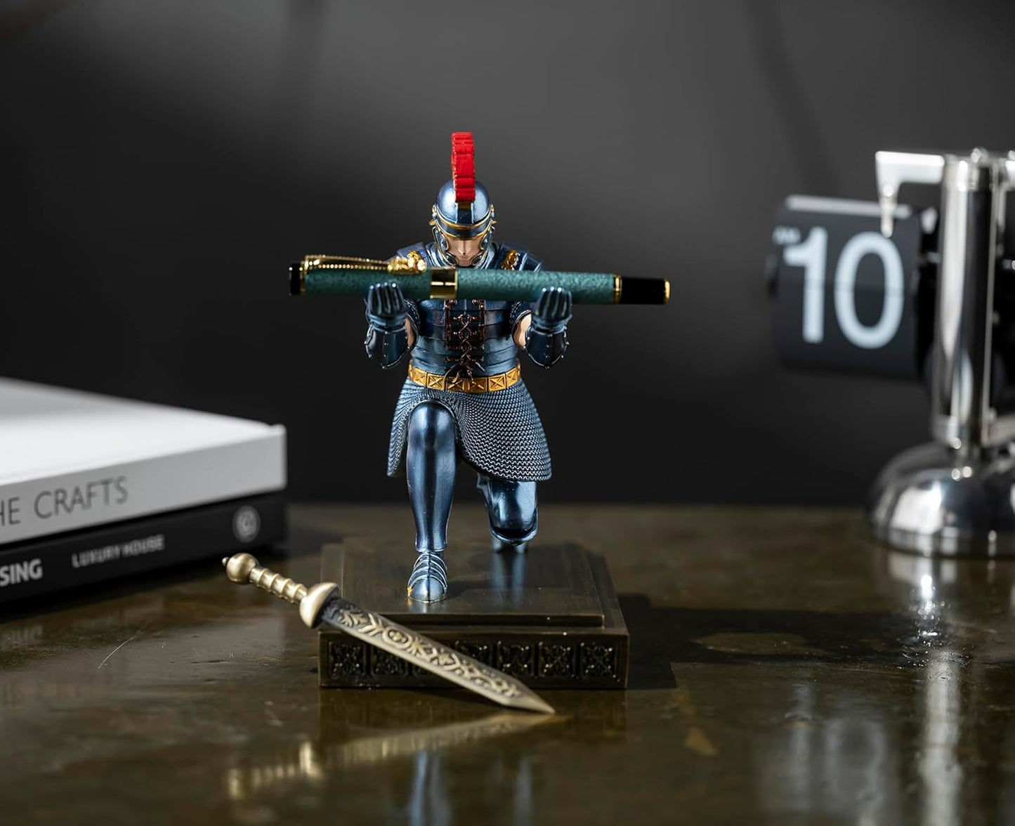 Roman Praetorian Warrior Knight Pen Holder Desk Ornament Resin Pencil Holder Desk Accessories and Organizer for Office with a Letter Opener (Blue)