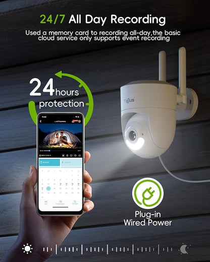 5G/2.4G Security Camera Outdoor, 24/7 Recording Wired Cameras for Home Security, Plug-in Power, 360° PTZ, Auto Tracking, Color Night Vision, IP66 Waterproof, SD/Cloud Storage, White-2 Packs
