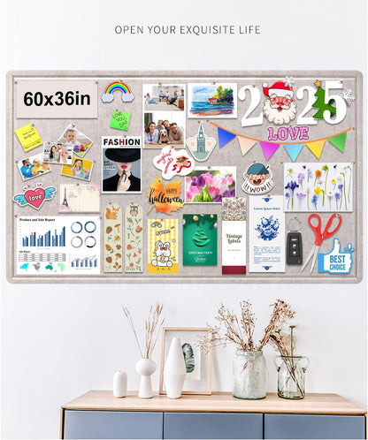 Large Bulletin Board, Foldable 60x36 Inches Cork Board Alternative, Large Felt Board Decorative Pin Board for Wall, Foldable Photo Board Self-Adhesive Vision Board with 36 Pushpins Light Khaki