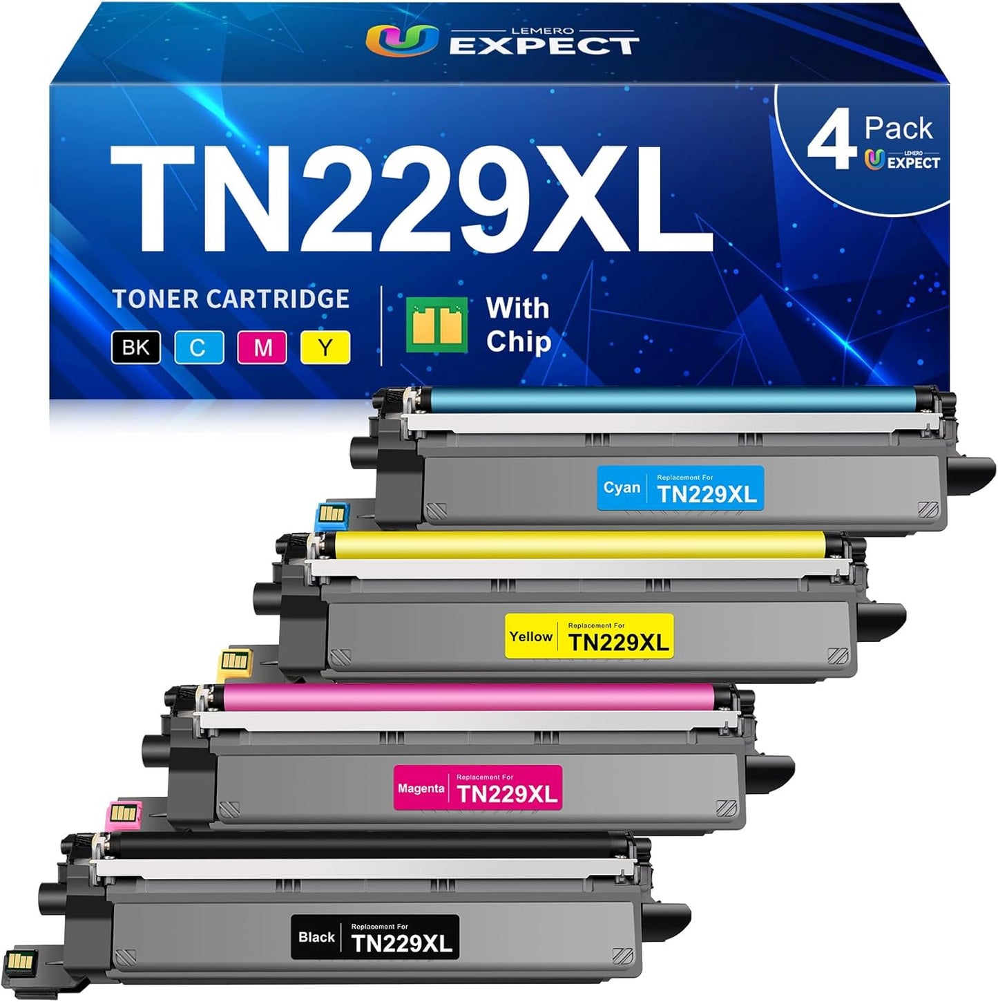 LEMERO UEXPECT Compatible Replacement for Brother TN229XL TN229 TN 229XL High Yield Toner Cartridges for MFC-L3720CDW MFC-L3780CDW HL-L3280CDW Printer, TN229XLBK/C/M/Y 4 Pack
