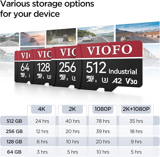 VIOFO 512GB Industrial Grade microSD Card, U3 A2 V30 High Speed Memory Card with Adapter, Support Ultra HD 4K Video Recording