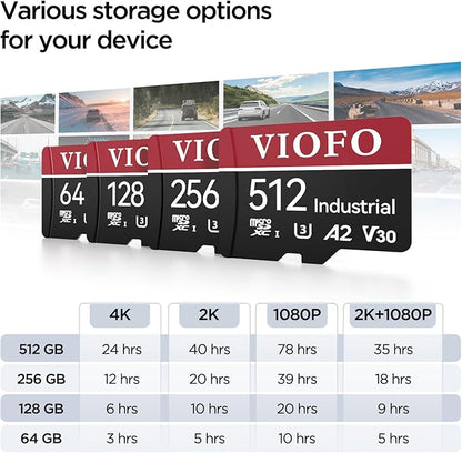 VIOFO 512GB Industrial Grade microSD Card, U3 A2 V30 High Speed Memory Card with Adapter, Support Ultra HD 4K Video Recording