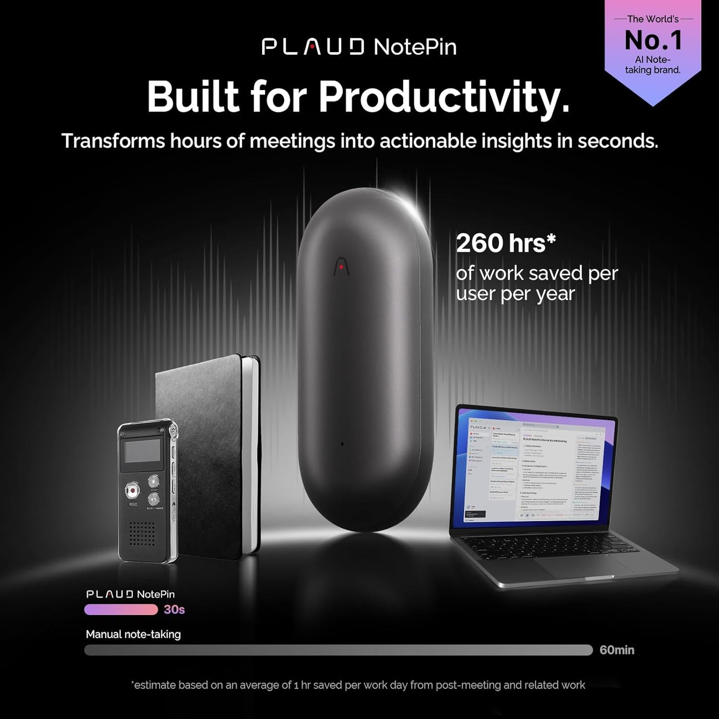 NotePin Voice Recorder, AI Voice Recorder, App Control, AI Notetaker, AI Transcribe & Summarize, Support 112 Languages, 64GB Memory, Audio Recorder for Lectures, Meetings, Cosmic Gray