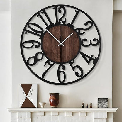 LEIKE Large Wall Clocks for Living Room,Silent,Non Ticking,Battery Operated Oversized Vintage Round Modern Wood Wall Clock for Bedroom,Farmhouse,Office Home Decor-24 Inch(Black-Arabic Number)