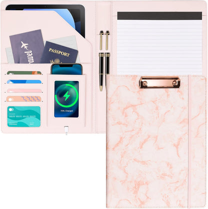 Ospelelf Pink Padfolio for Women Storage Clipboard Folio with Notepad Leather Portfolio Binder for Teacher