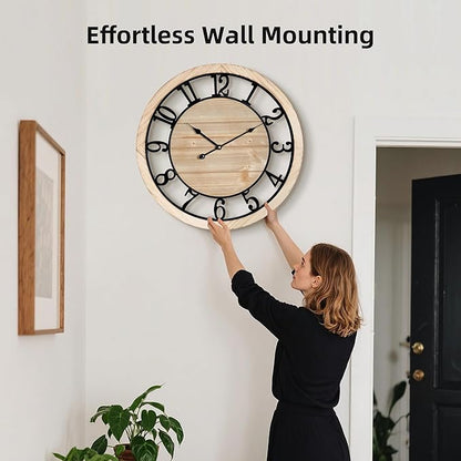 Maxstar 30'' Wall Clock for Living Room Decor, Silent Rustic Wooden Farmhouse Wall Clock with Metal & Real Wood Frame, Battery Operated, for Kitchen Bedroom Office, Arabic Numerals