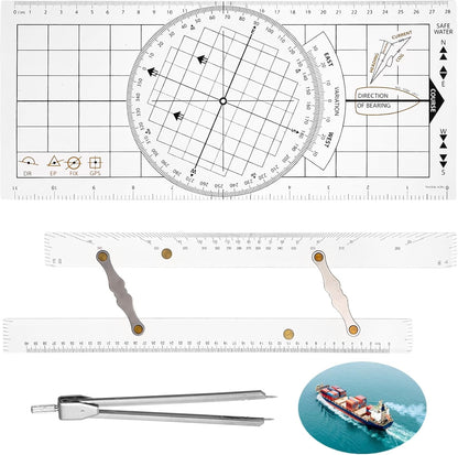 3 Pcs Basic Navigation Set, Including Marine Parallel Ruler, Nautical Protractor, and Navigation Fixed Point Divider, Marine Accessories with Clear Scales for Boat