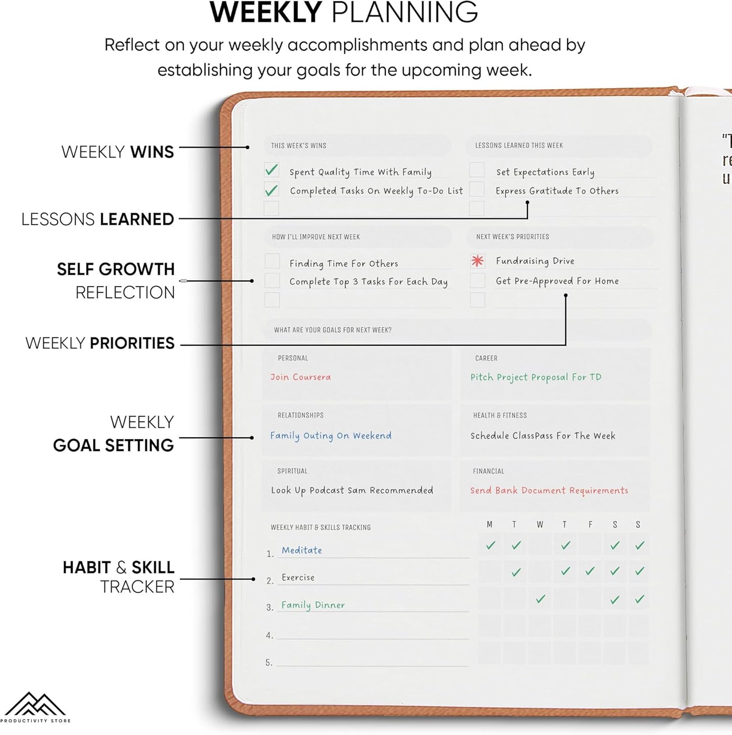 2025 Planner Pro 5.8 x 8.3 - Undated Productivity & Business Planner Notebook & Journal - Monthly Planner 2025 & Daily Planner 2025-2026 - A5 - Brown - Productivity Store