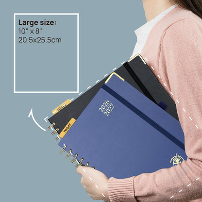 POPRUN Monthly Planner 2026-2027 Spiral Hardcover (8'' x 10''), 18 Months Calendar (Jan.2026-Jun.2027) - 2 Pages per Month with Dotted Note Pages, Sunday Start, Laminated Tab - Light Pink